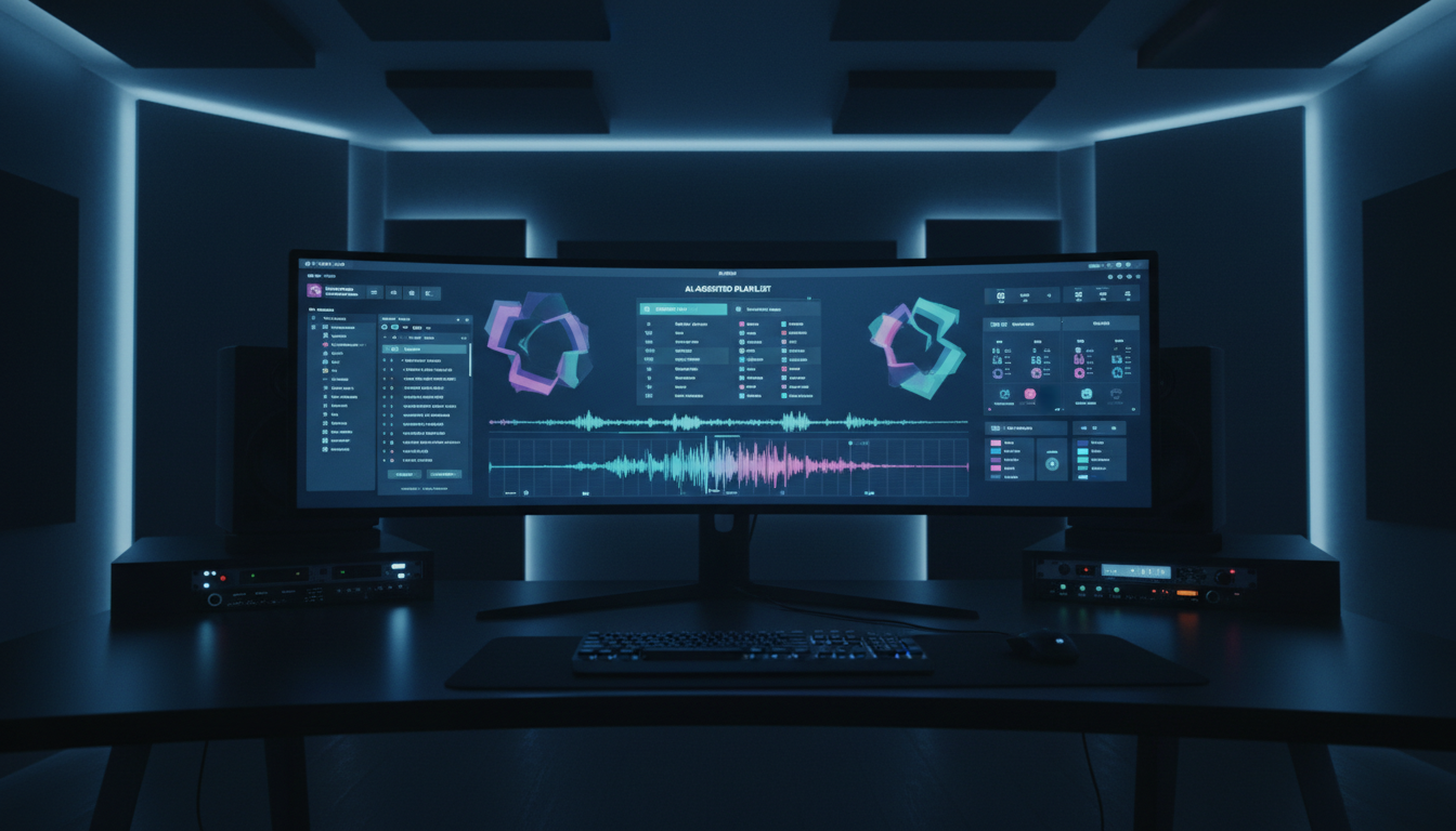 A futuristic soundboard interface demonstrating AI DJ automation for a Shoutcast radio station.