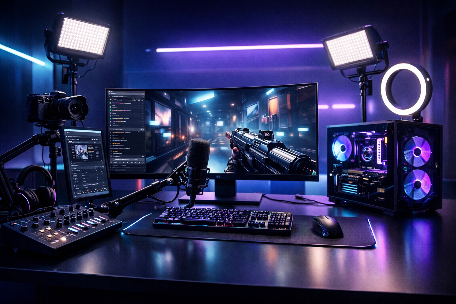 PC streaming setup for gamers in 2026 with microphone, mixer and streaming server dashboard