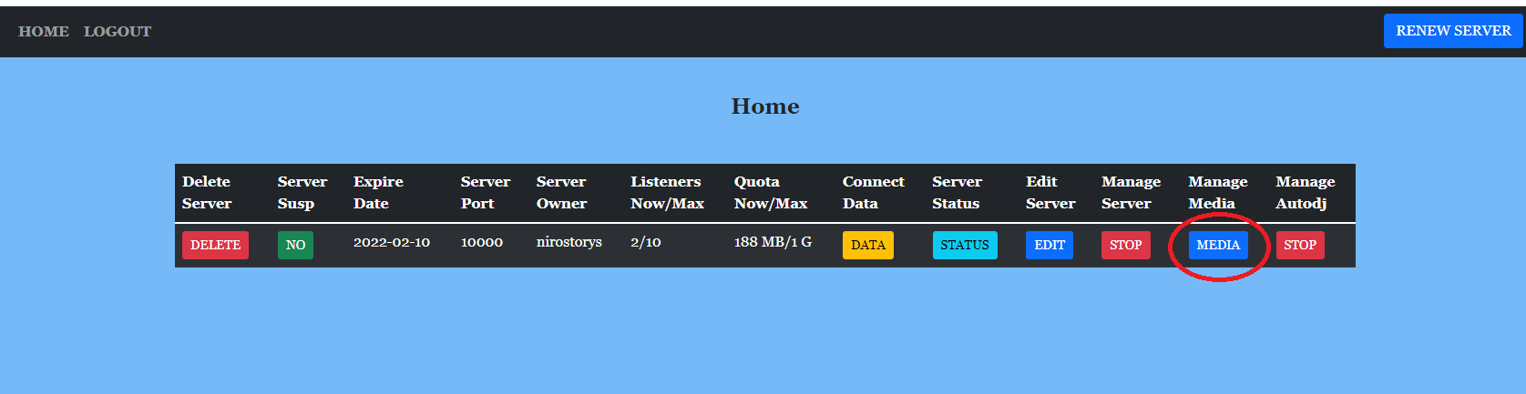 ShoutcastNet control panel home dashboard showing AutoDJ server status listener count and quick access menu