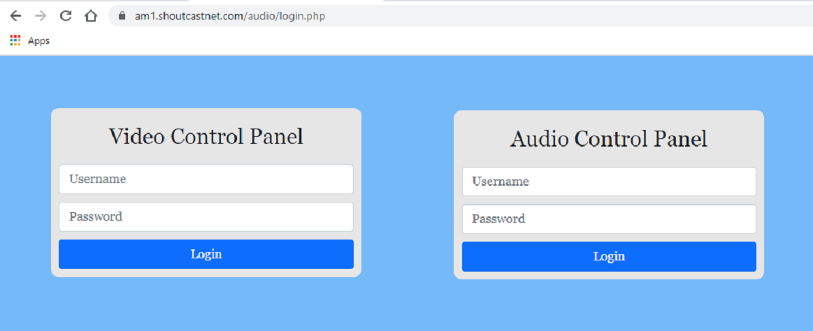 ShoutcastNet control panel login screen step 1 for AutoDJ automation configuration with username password fields