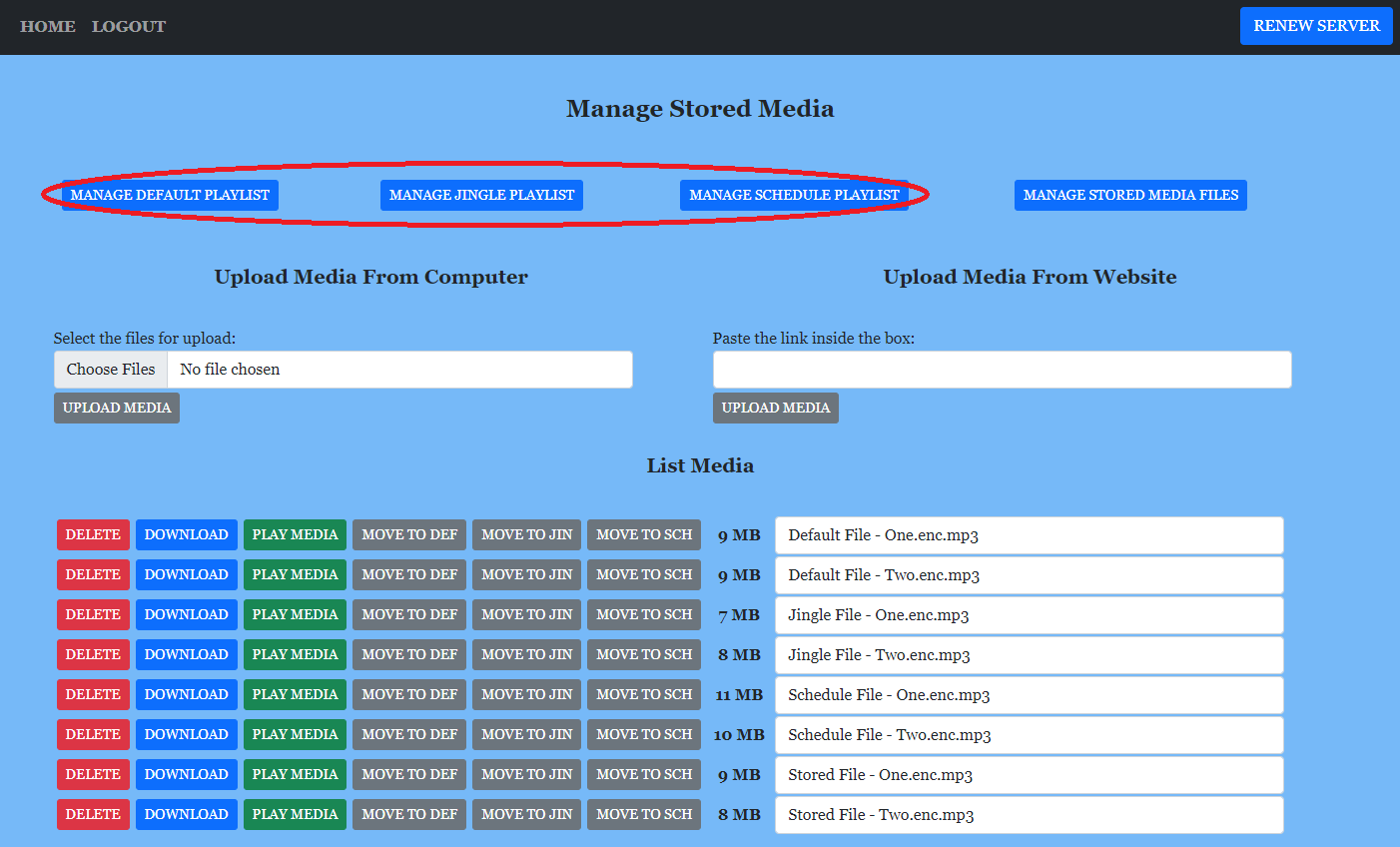 AutoDJ playlist management buttons for creating scheduling and activating 24/7 broadcast playlists
