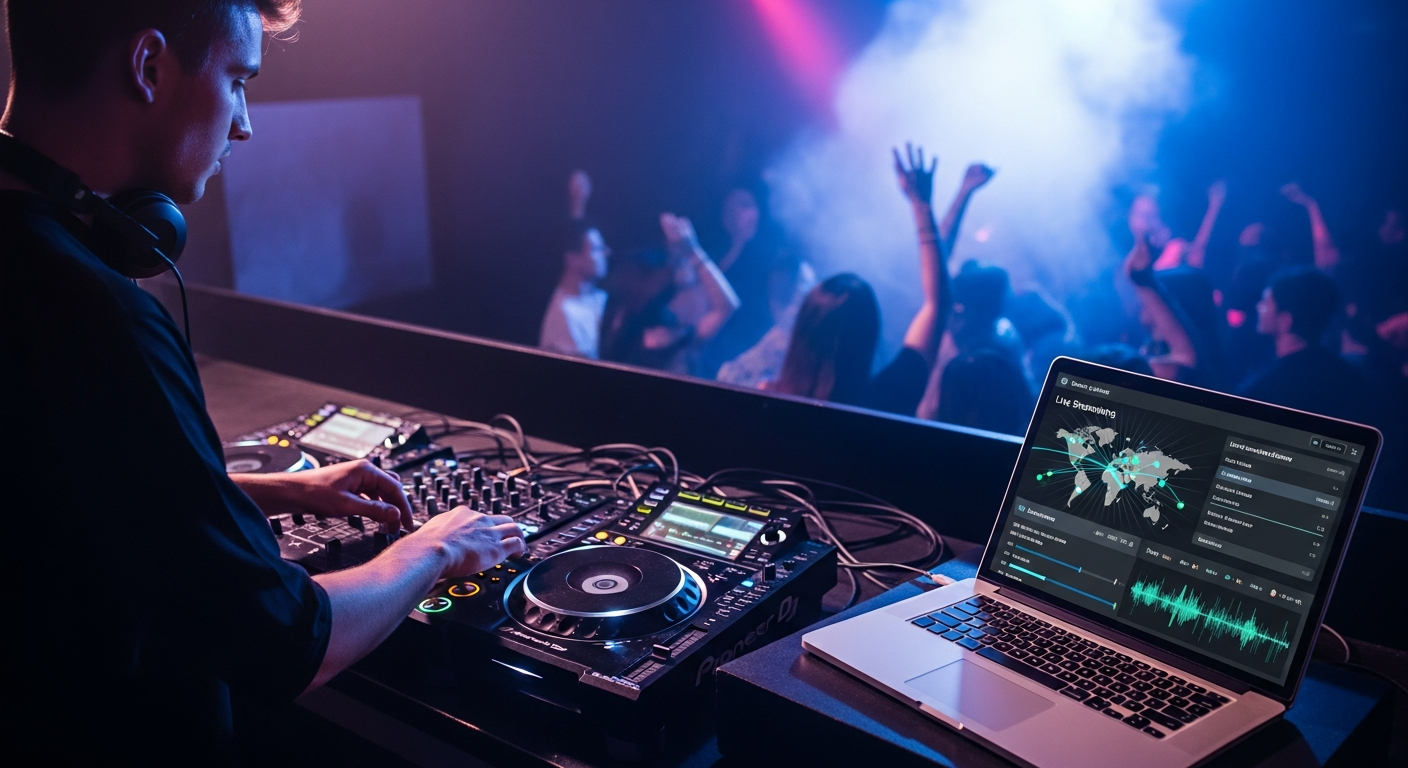 DJ streaming server setup with mixer and laptop for live online radio broadcast