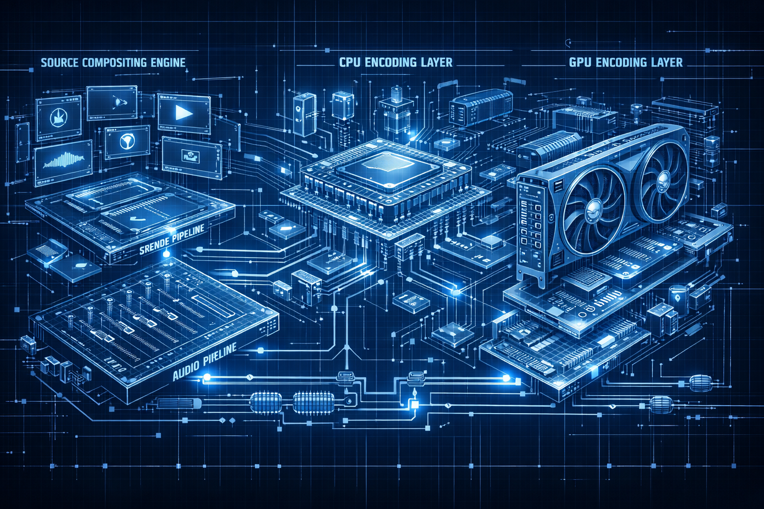 OBS Studio under the hood diagram showing how OBS Studio works: capture, mixing, encoding, and streaming to Shoutcast Net
