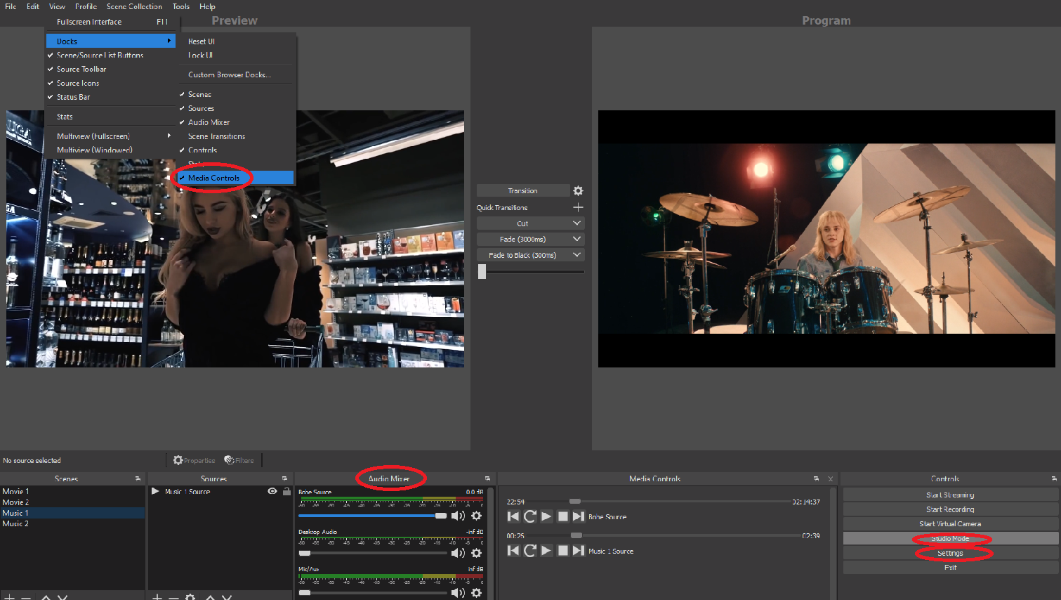 OBS Studio main interface with scenes sources audio mixer and streaming controls configured for live broadcasting